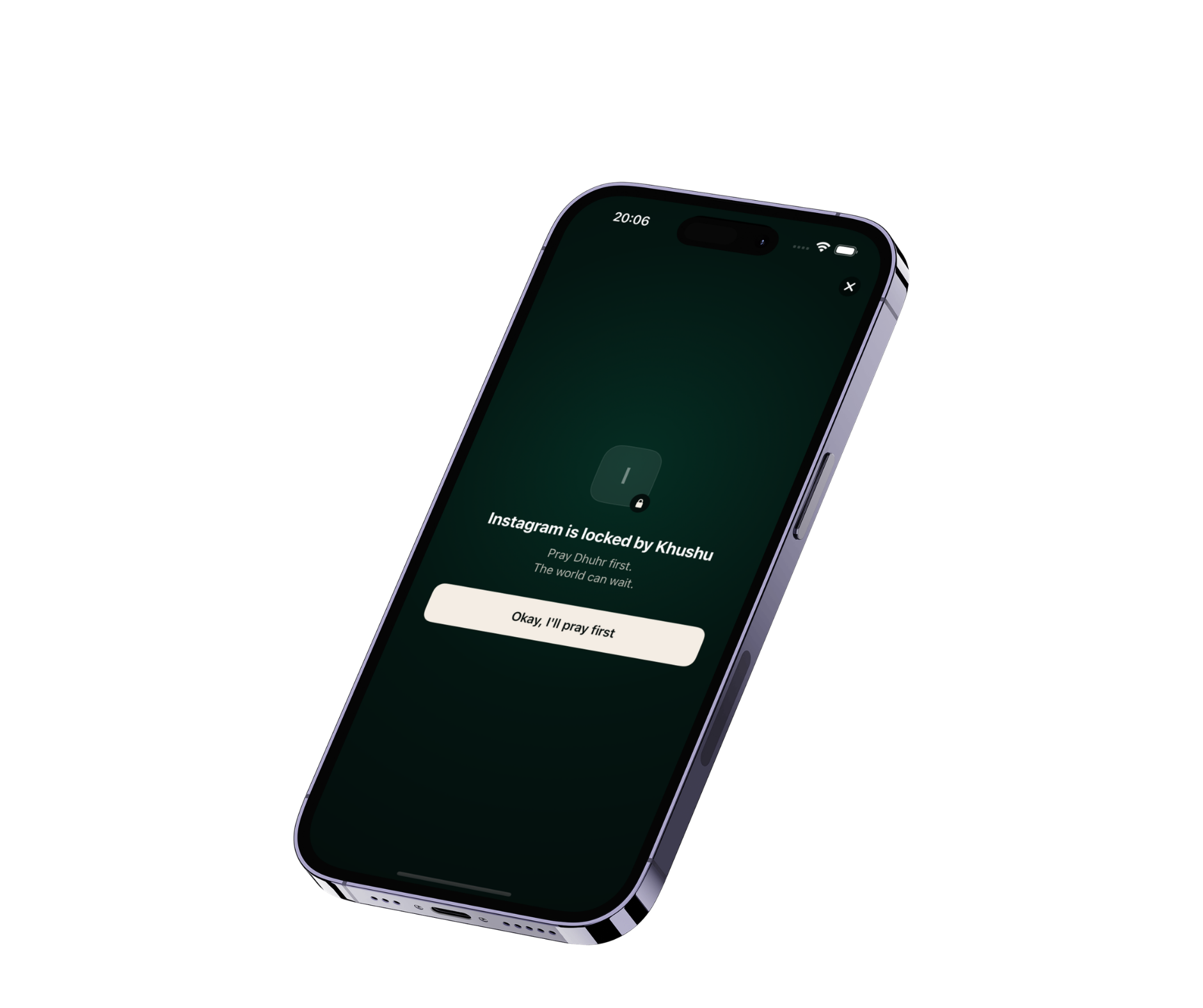 Khushu app locking Instagram during Dhuhr prayer